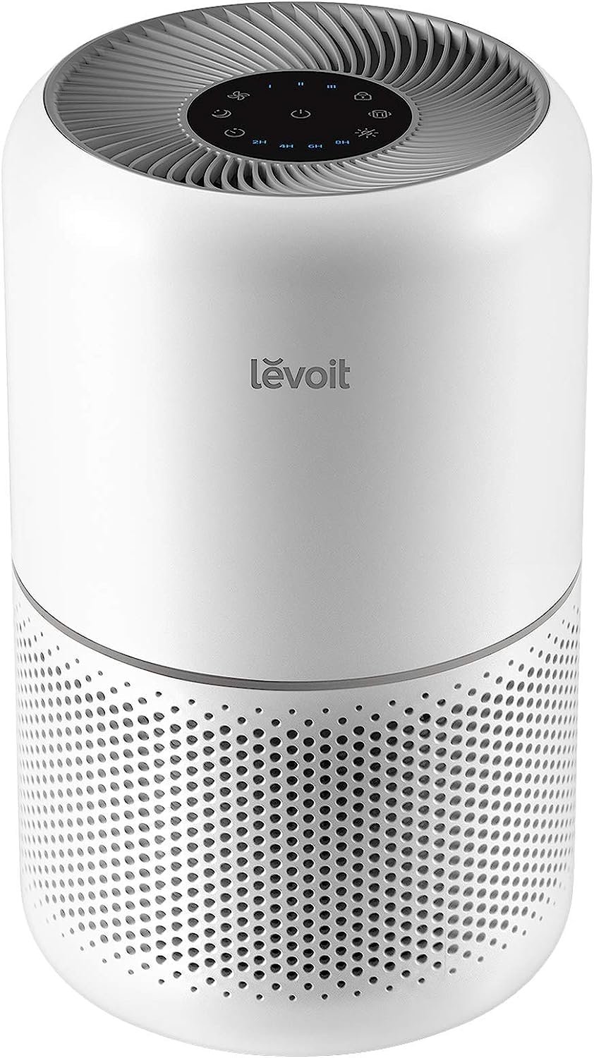 White Levoit air purifier with a perforated bottom and control panel