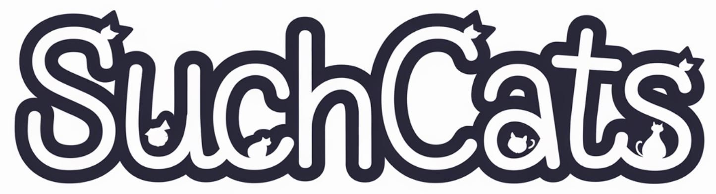 Logo for "SuchCats" with cat silhouettes and star accents