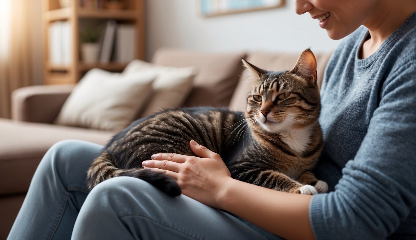 A cozy living room with a cat curled up on a person's lap, purring contentedly as the person strokes its fur with a peaceful expression