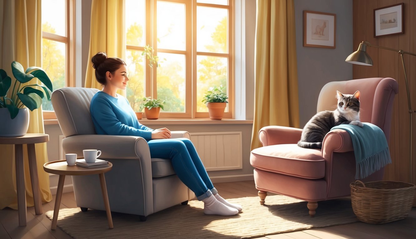 A cozy room with sunlight streaming in, a cat sitting calmly next to a person in a chair, offering comfort and companionship