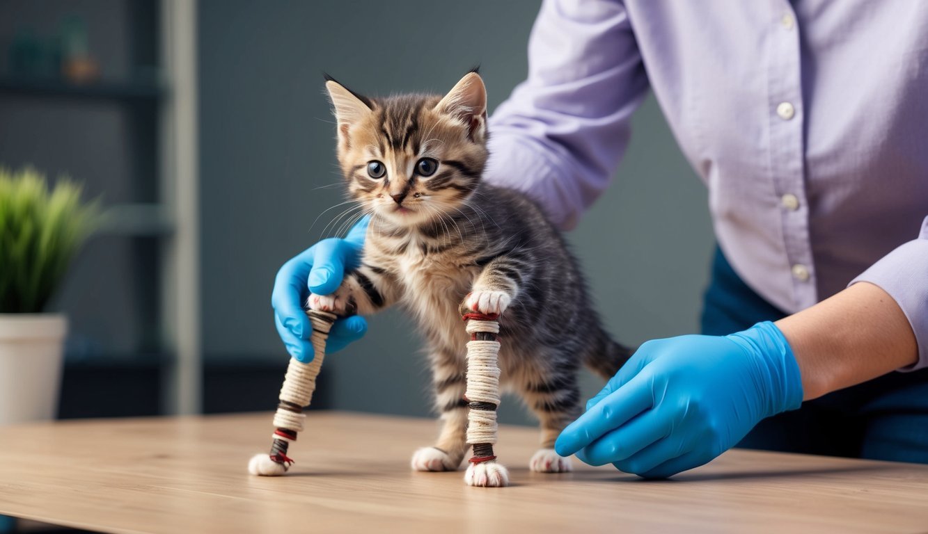 A small kitten with splayed legs struggles to stand, supported by makeshift splints and receiving gentle physical therapy from a caring individual