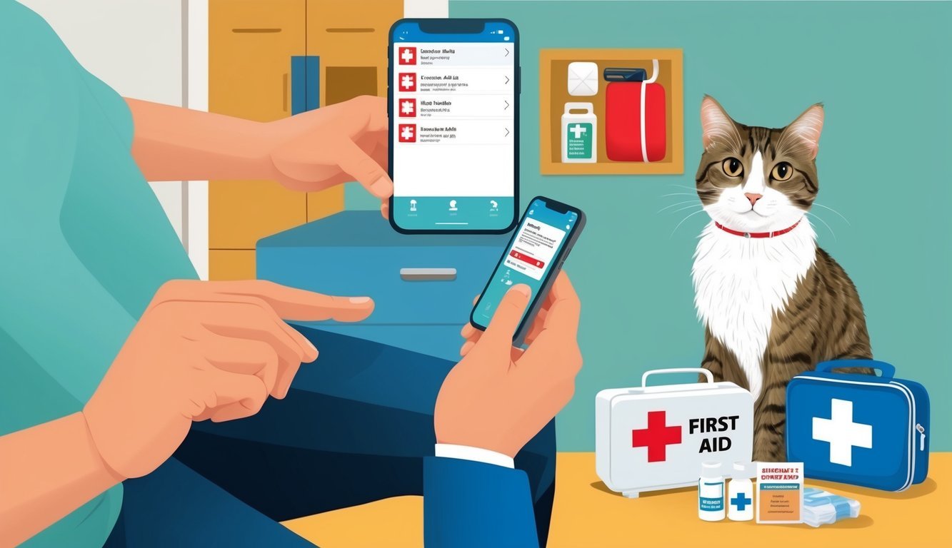 A person using a smartphone to find pet first aid information, while a cat is nearby with a first aid kit and emergency supplies