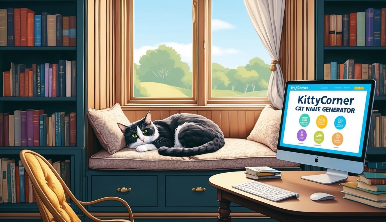 A cozy living room with a cat curled up on a cushioned window seat, surrounded by shelves of books and a computer displaying the "kittycorner cat name generator" website