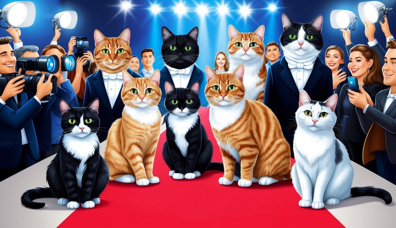 A group of famous cats pose on a red carpet, surrounded by flashing cameras and adoring fans, showcasing their luxurious lifestyles as social media stars