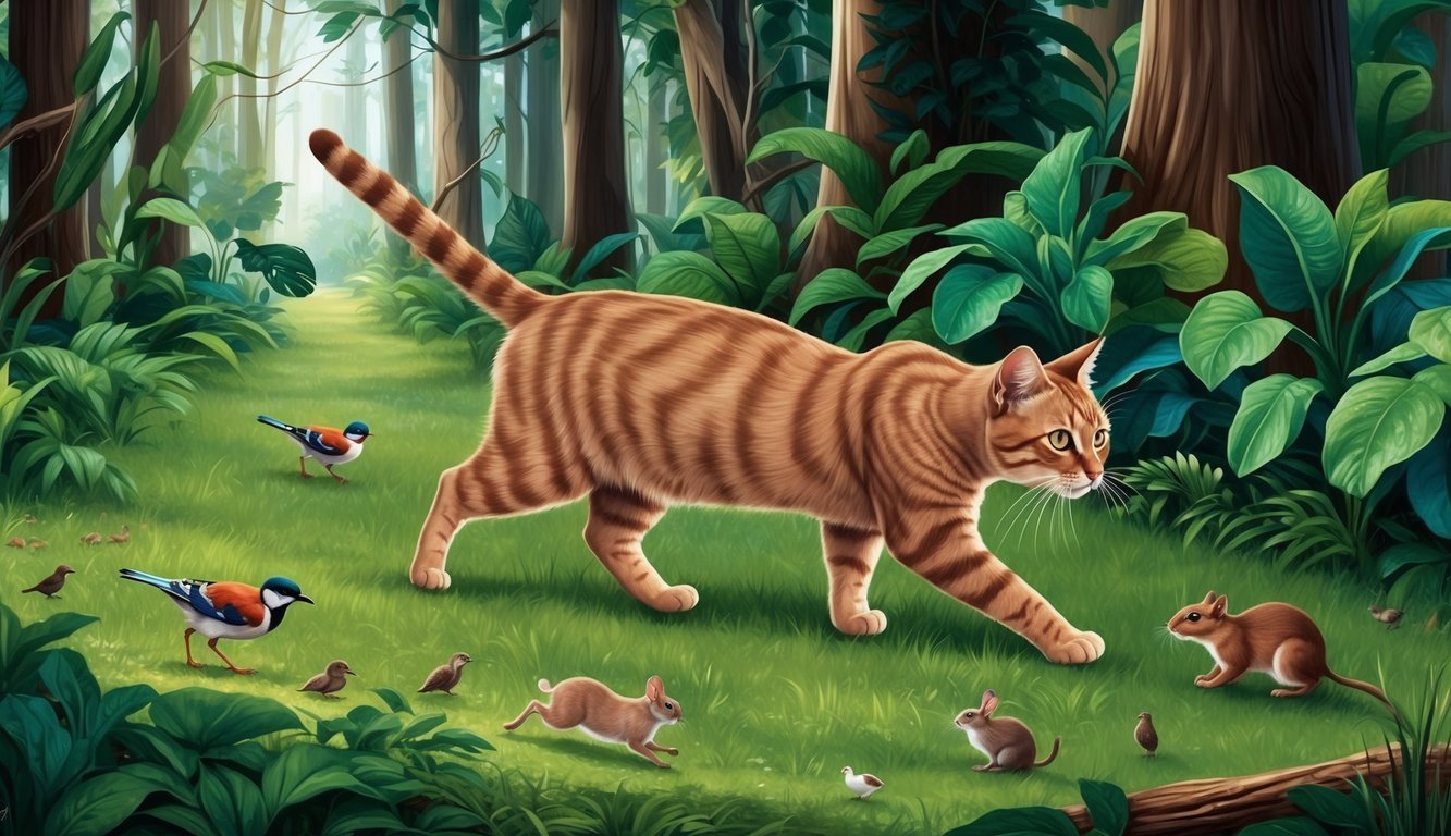 A cat prowls through a lush forest, while birds and small mammals scatter in its wake