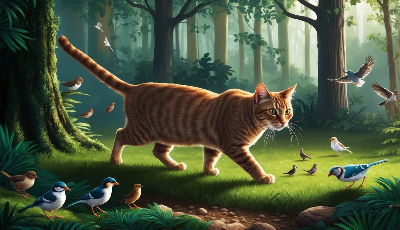 A cat prowls through a lush forest, while birds and small animals scatter in its wake