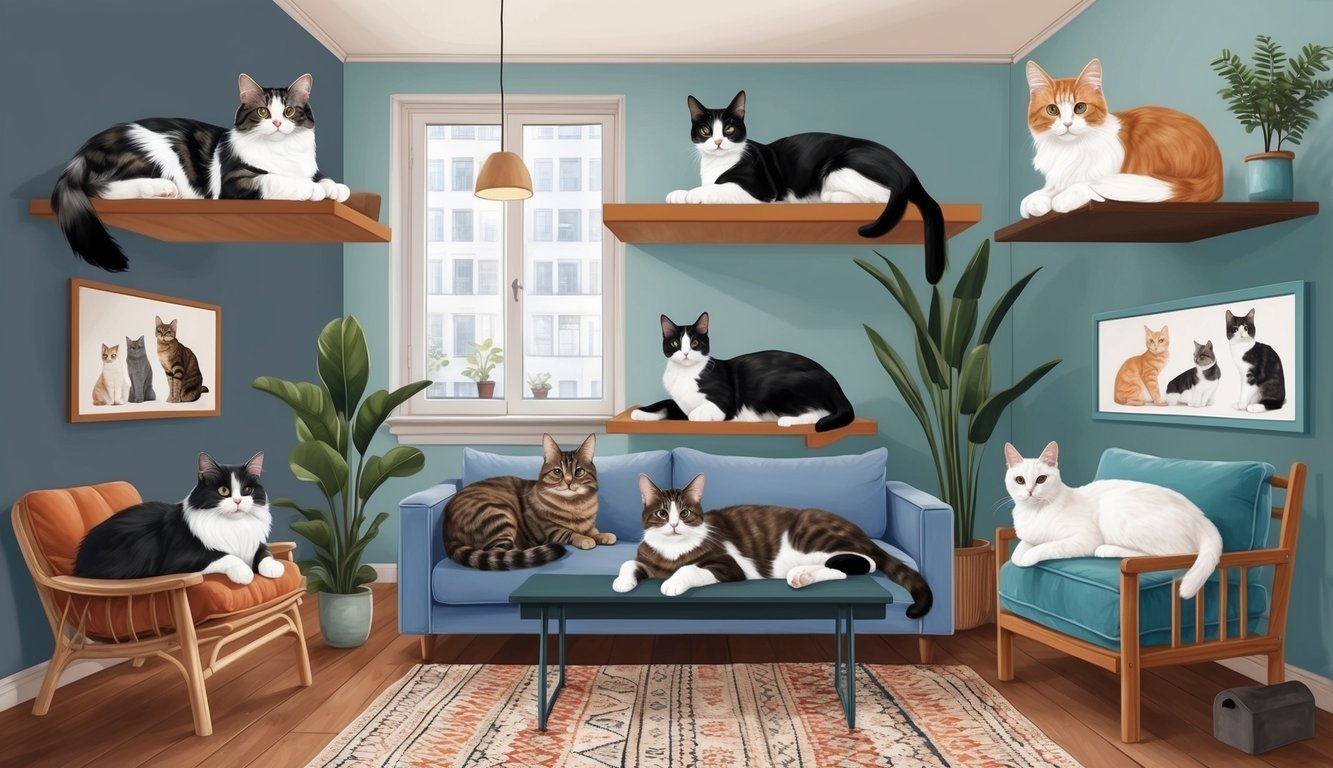 A cozy apartment with 5 different cat breeds lounging on various perches and shelves, each displaying their unique characteristics