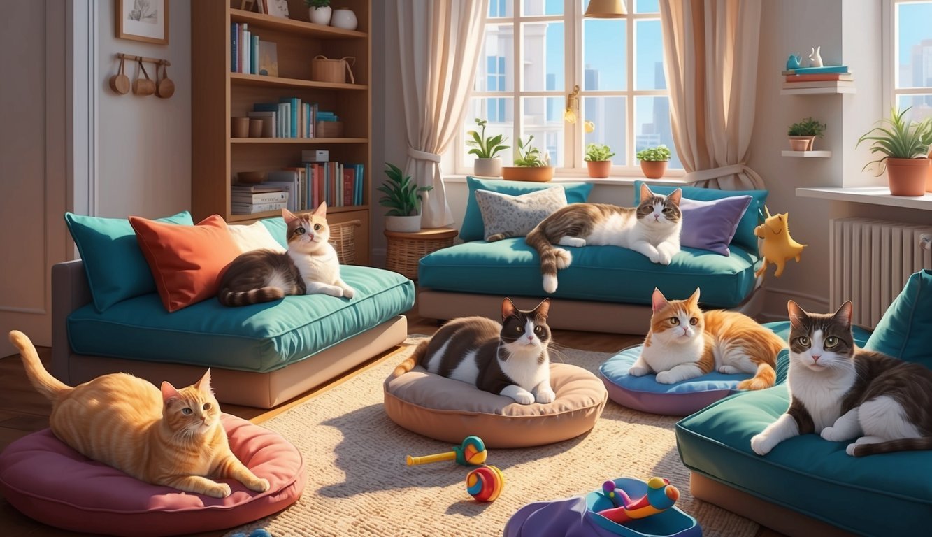 A cozy apartment filled with playful and content cats of various breeds, lounging in sunny spots and playing with toys