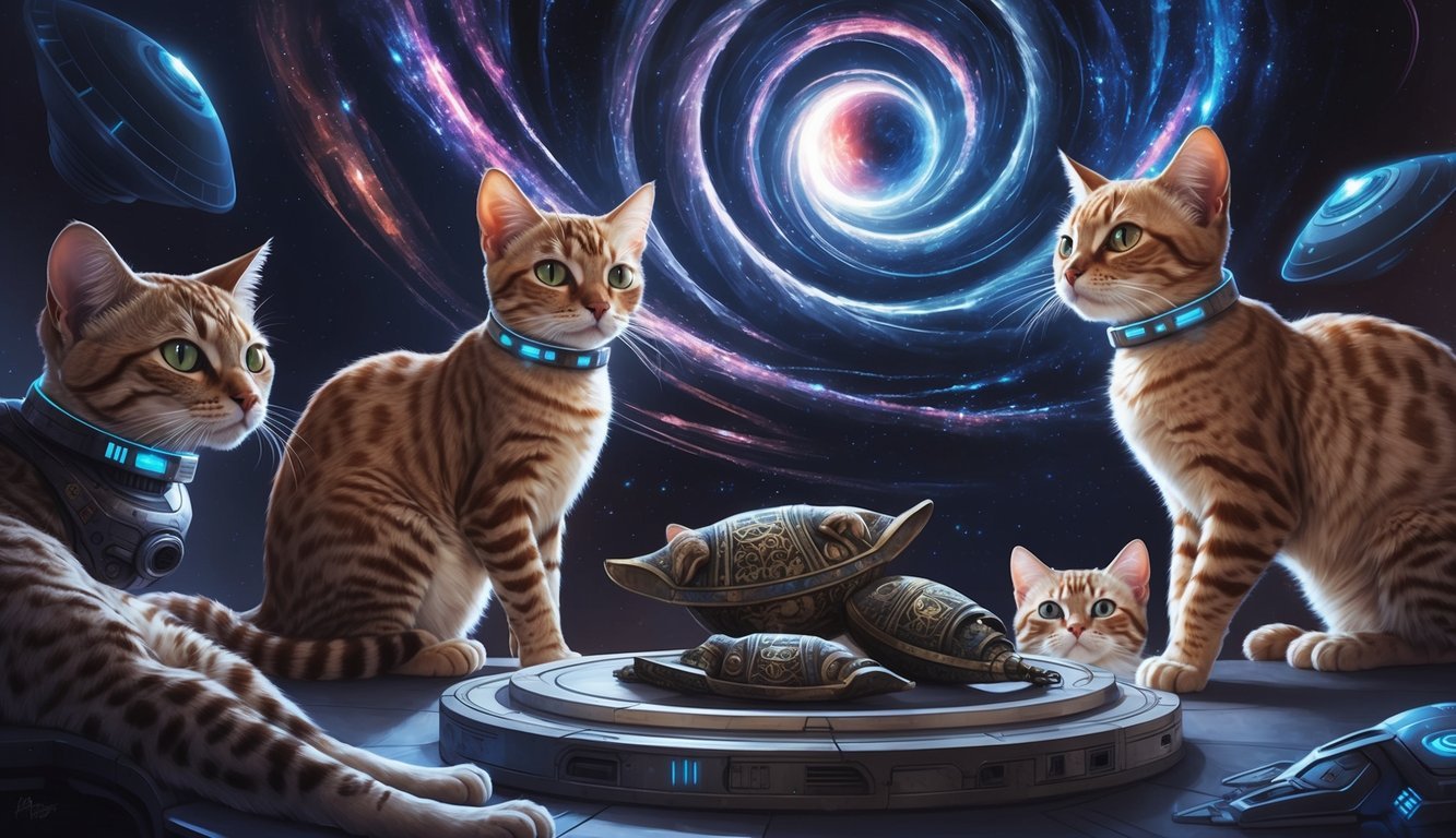 Alien cats with futuristic technology observing ancient feline artifacts, surrounded by swirling galaxies and mysterious symbols