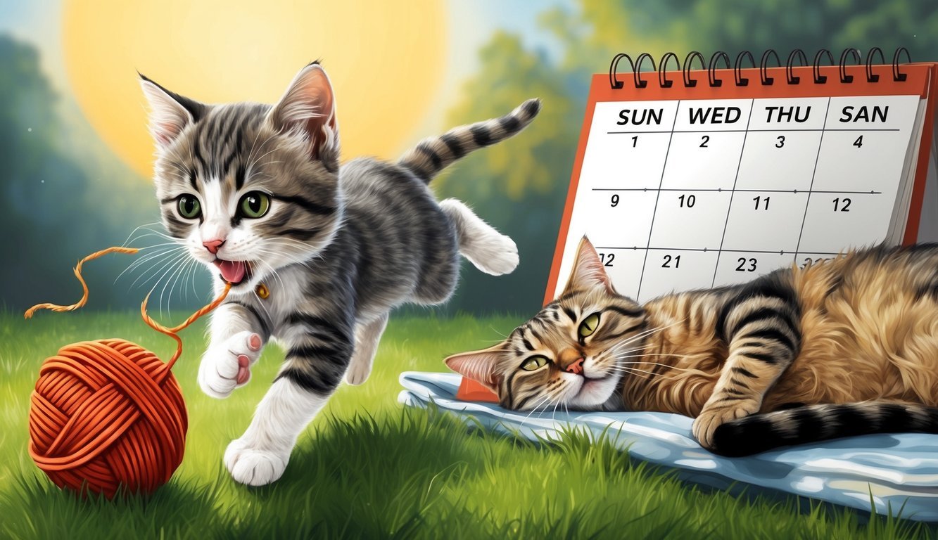 A playful kitten chases a ball of yarn, while an older cat lounges in the sun.</p><p>A calendar shows the passage of time