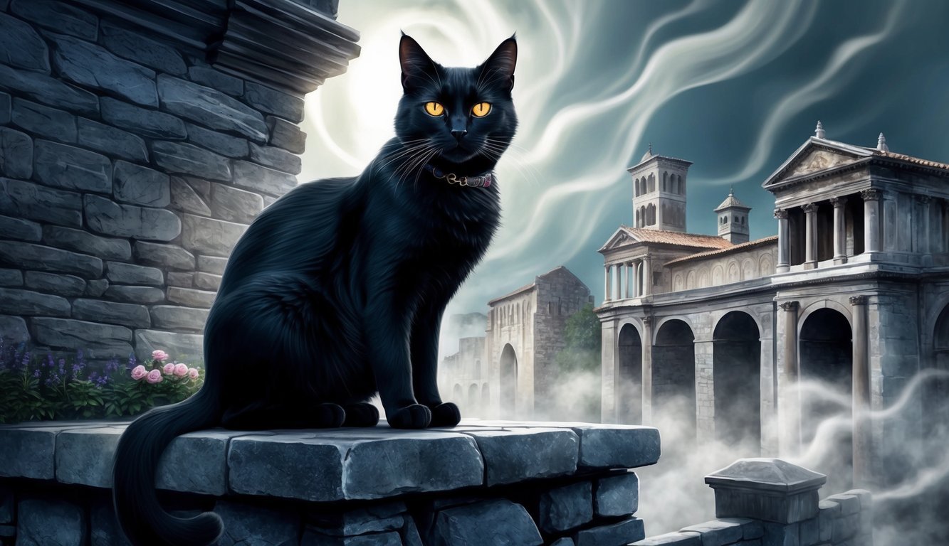 A regal black cat with glowing eyes sits atop a stone wall, surrounded by swirling mist and ancient European architecture