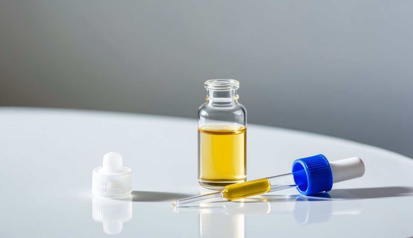 A small vial of clear liquid gabapentin sits on a clean, white surface, with a dropper beside it