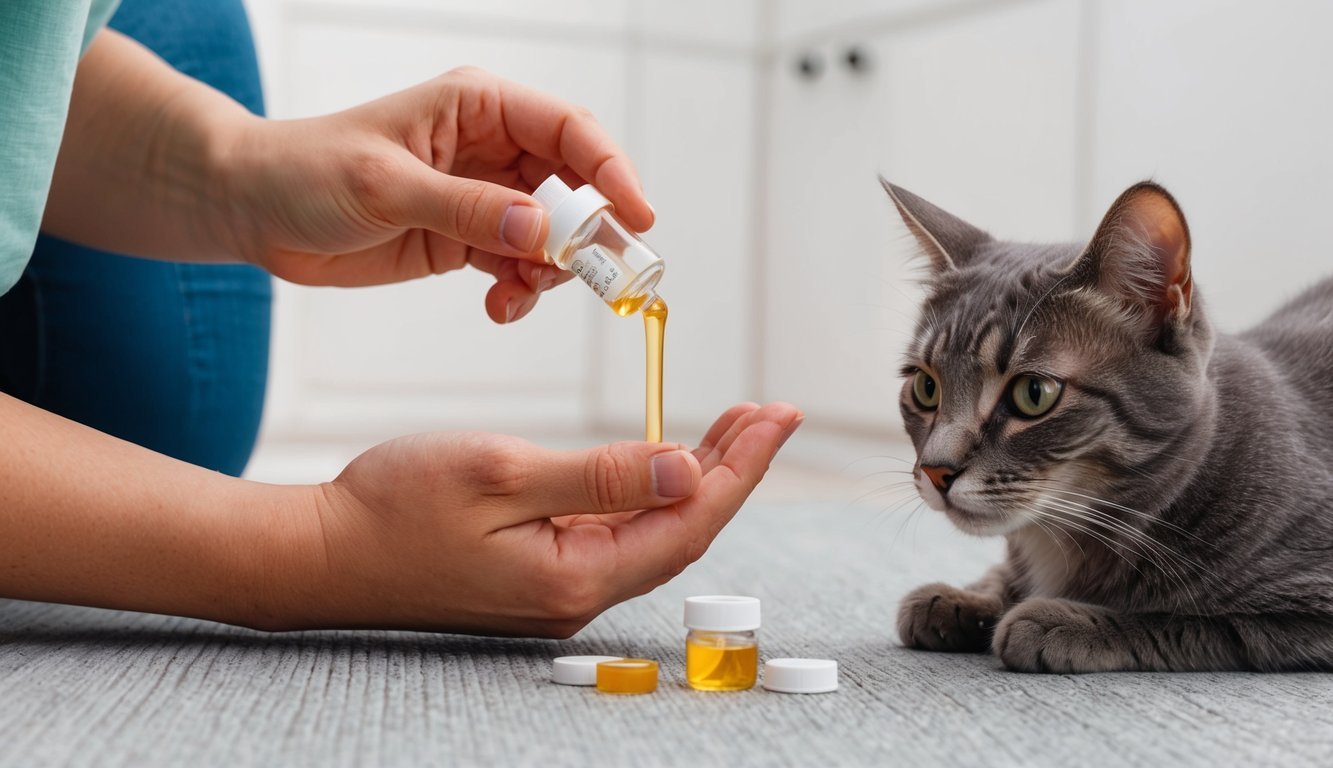 A cat owner carefully measures liquid gabapentin for their pet's medication