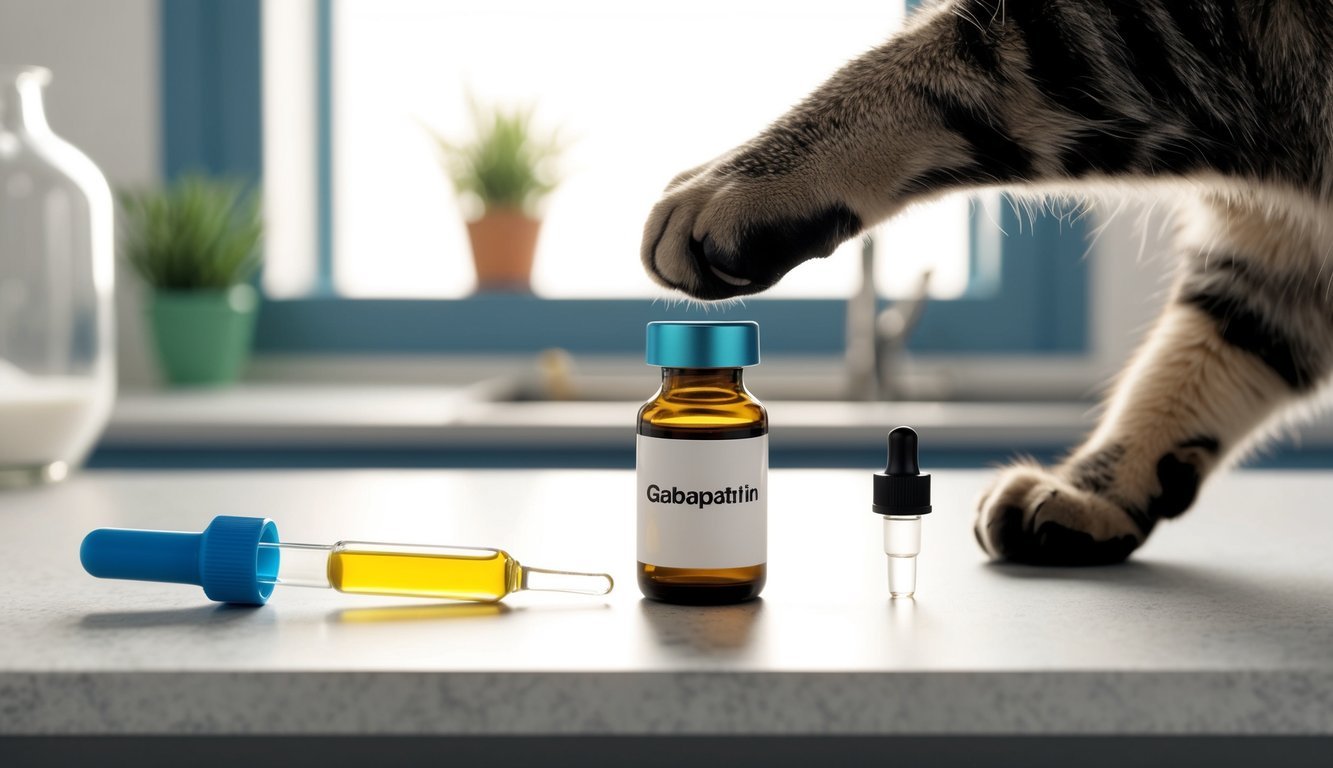 A small vial of liquid gabapentin sits on a countertop, with a dropper next to it.</p><p>A cat's paw reaches out to touch the vial