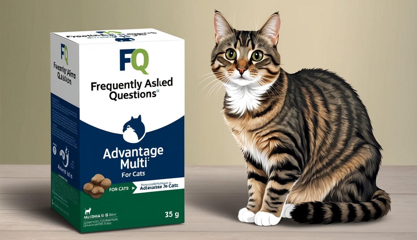 A cat sitting next to a box labeled "Frequently Asked Questions Advantage Multi for Cats," with a curious expression on its face