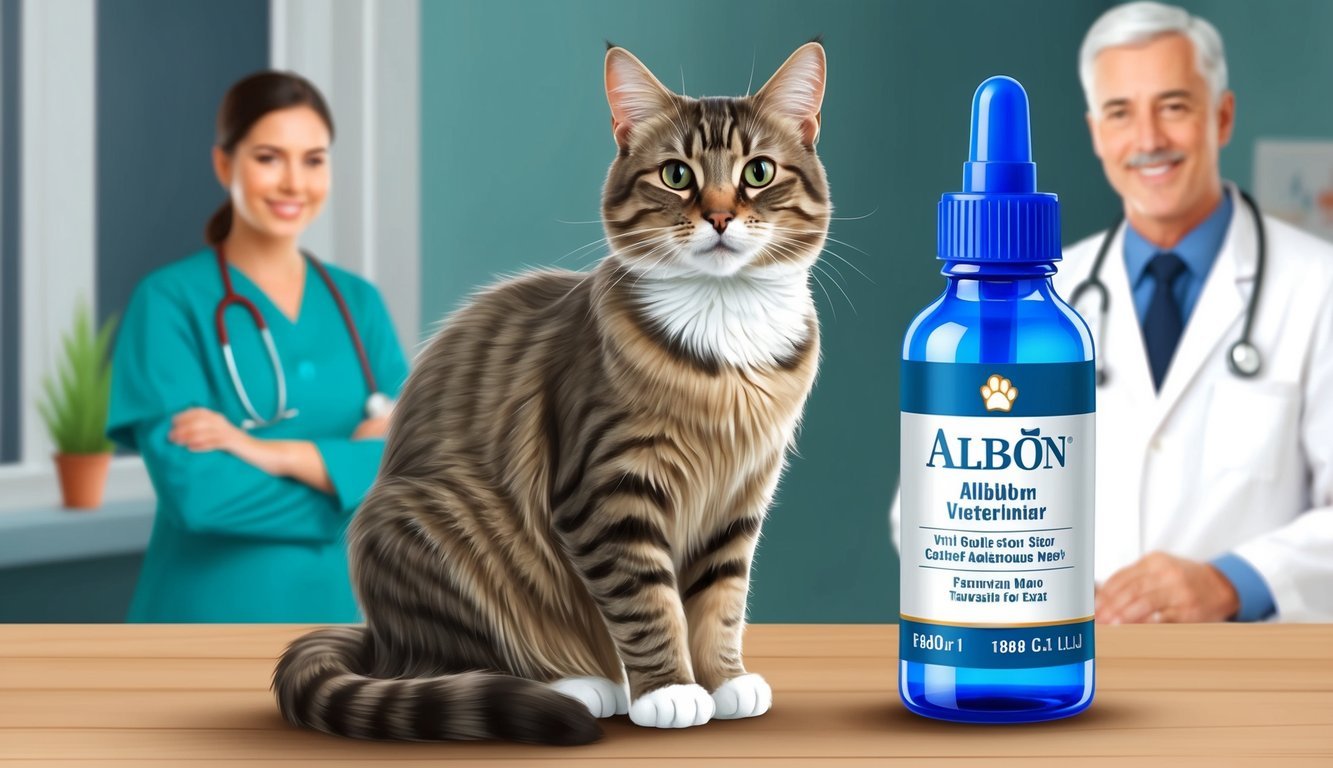 A cat sitting next to a bottle of Albon, with a veterinarian in the background