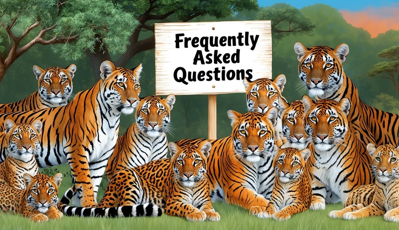 African big cats gathered around a sign with "Frequently Asked Questions" written on it