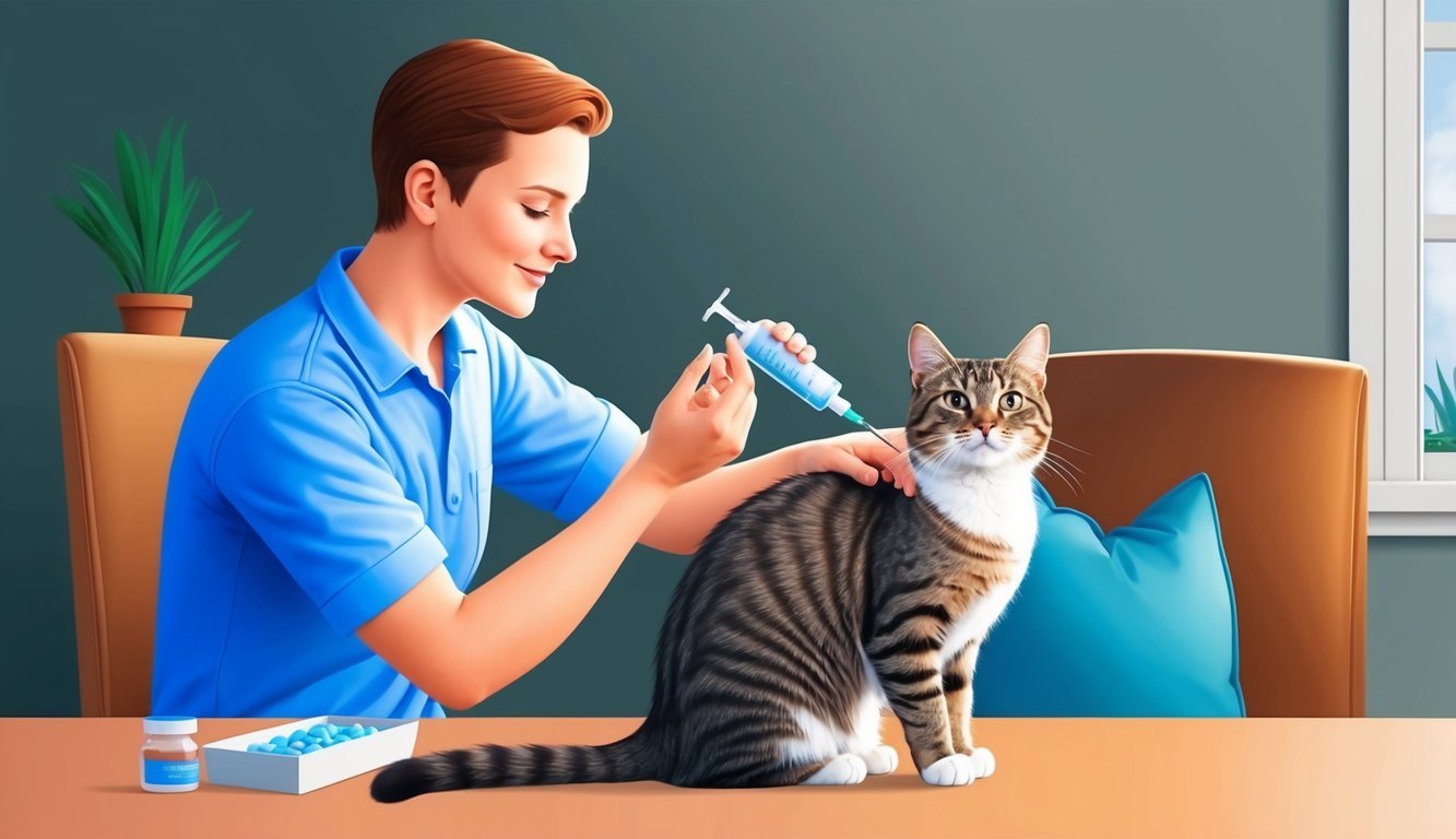 A cat owner administering Albon to their feline pet using a syringe