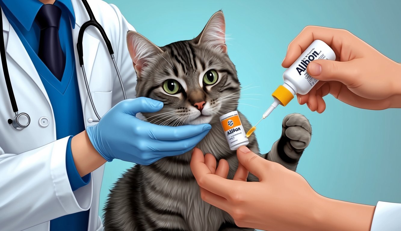 A cat being given a proper dosage of albon medication by a veterinarian