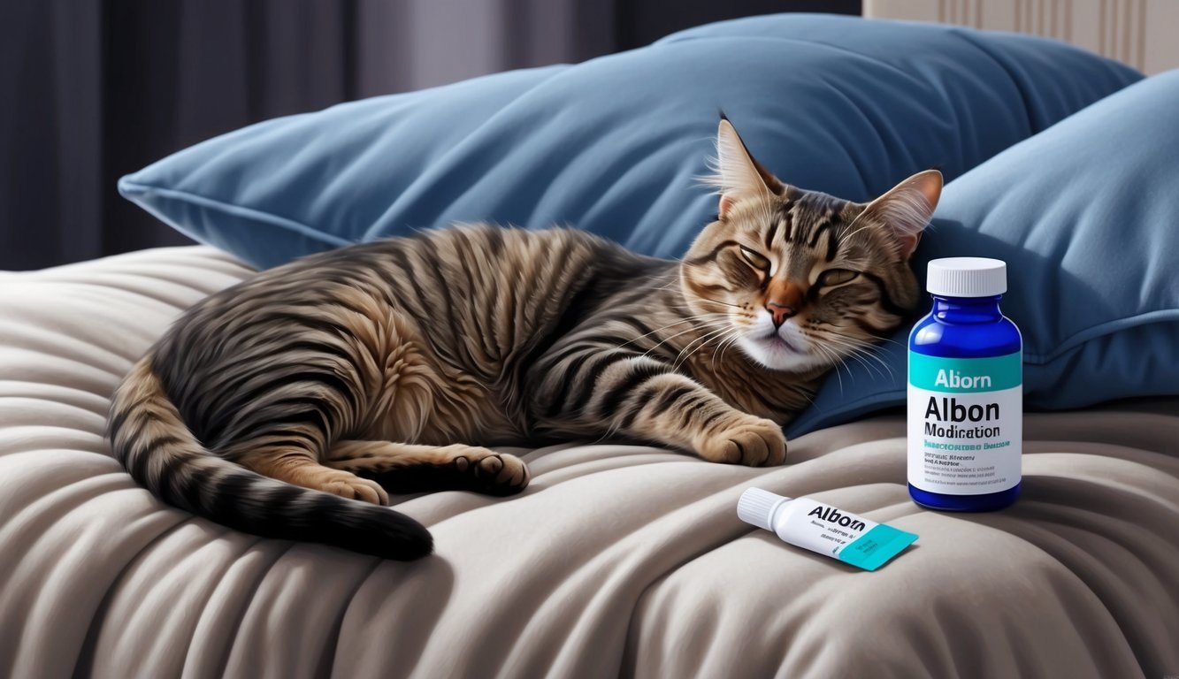 A cat lying on a cozy bed, looking lethargic with a droopy expression, while a bottle of Albon medication sits nearby