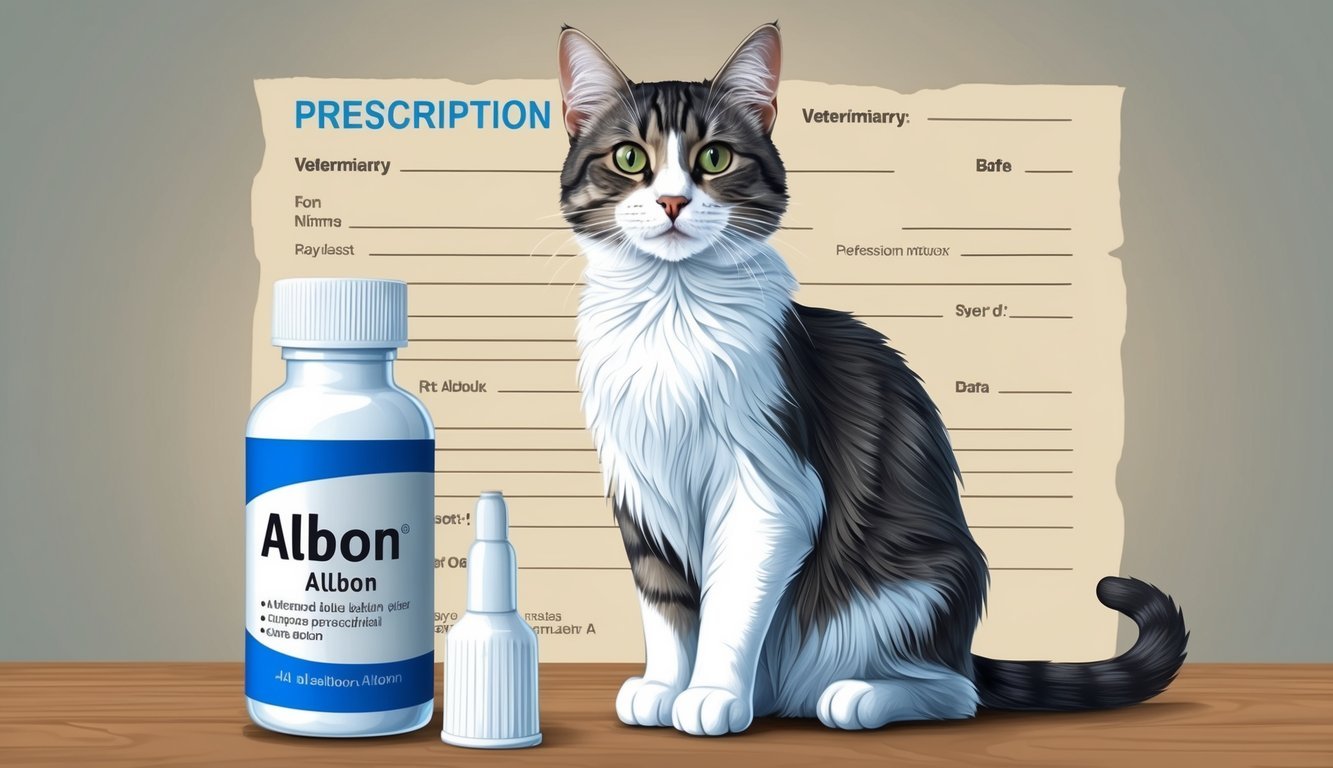 A cat sitting next to a bottle of Albon, with a veterinarian's prescription in the background