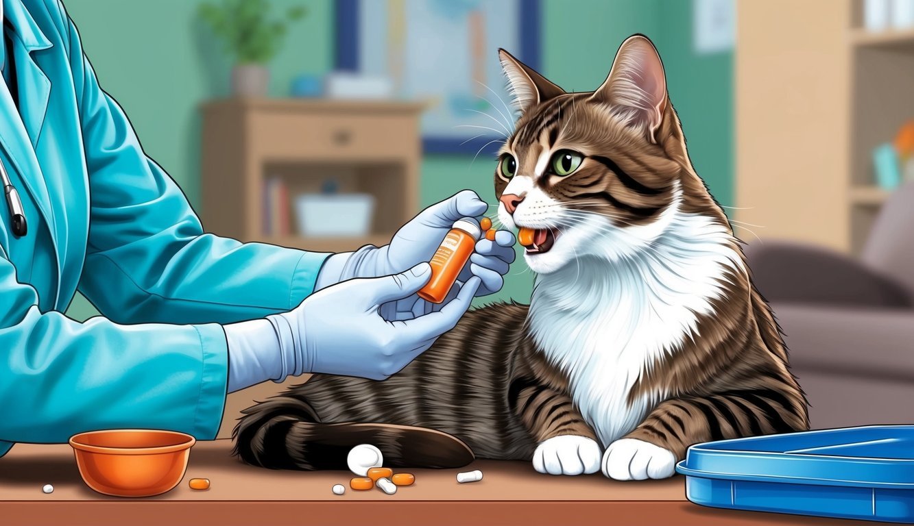 A cat receiving oral medication from a caregiver