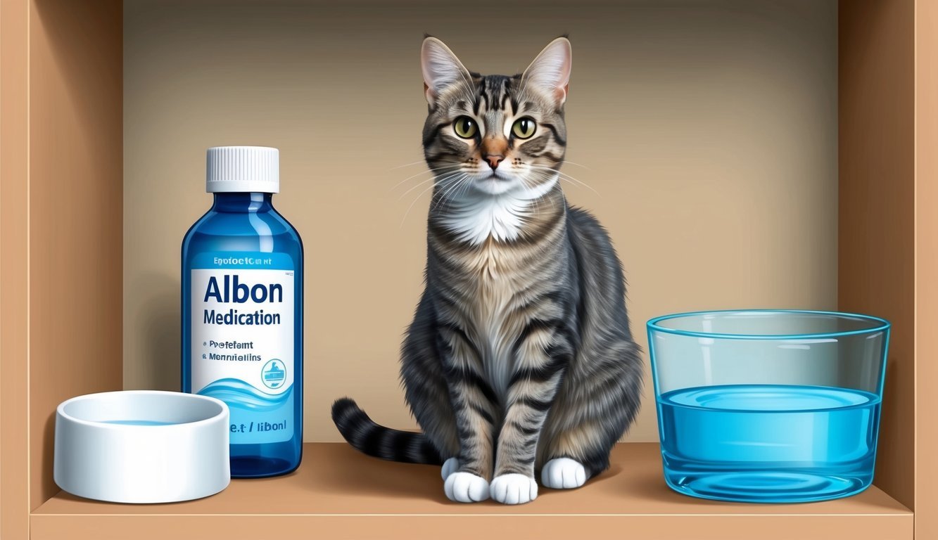 A cat sitting on a shelf with a bottle of Albon medication and a water bowl nearby