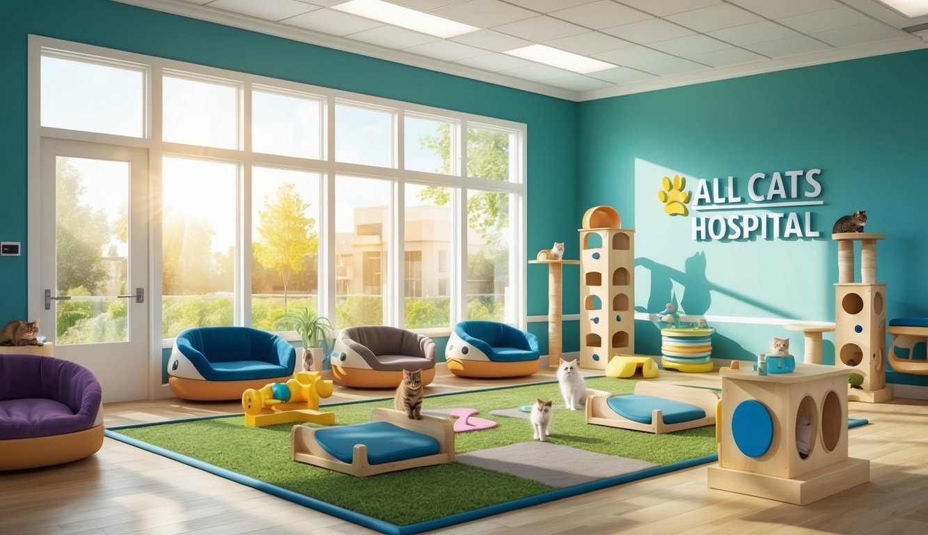 The waiting room at All Cats Hospital is filled with cozy cat beds, climbing structures, and playful toys.</p><p>Sunlight streams in through large windows, creating a warm and inviting atmosphere for feline patients