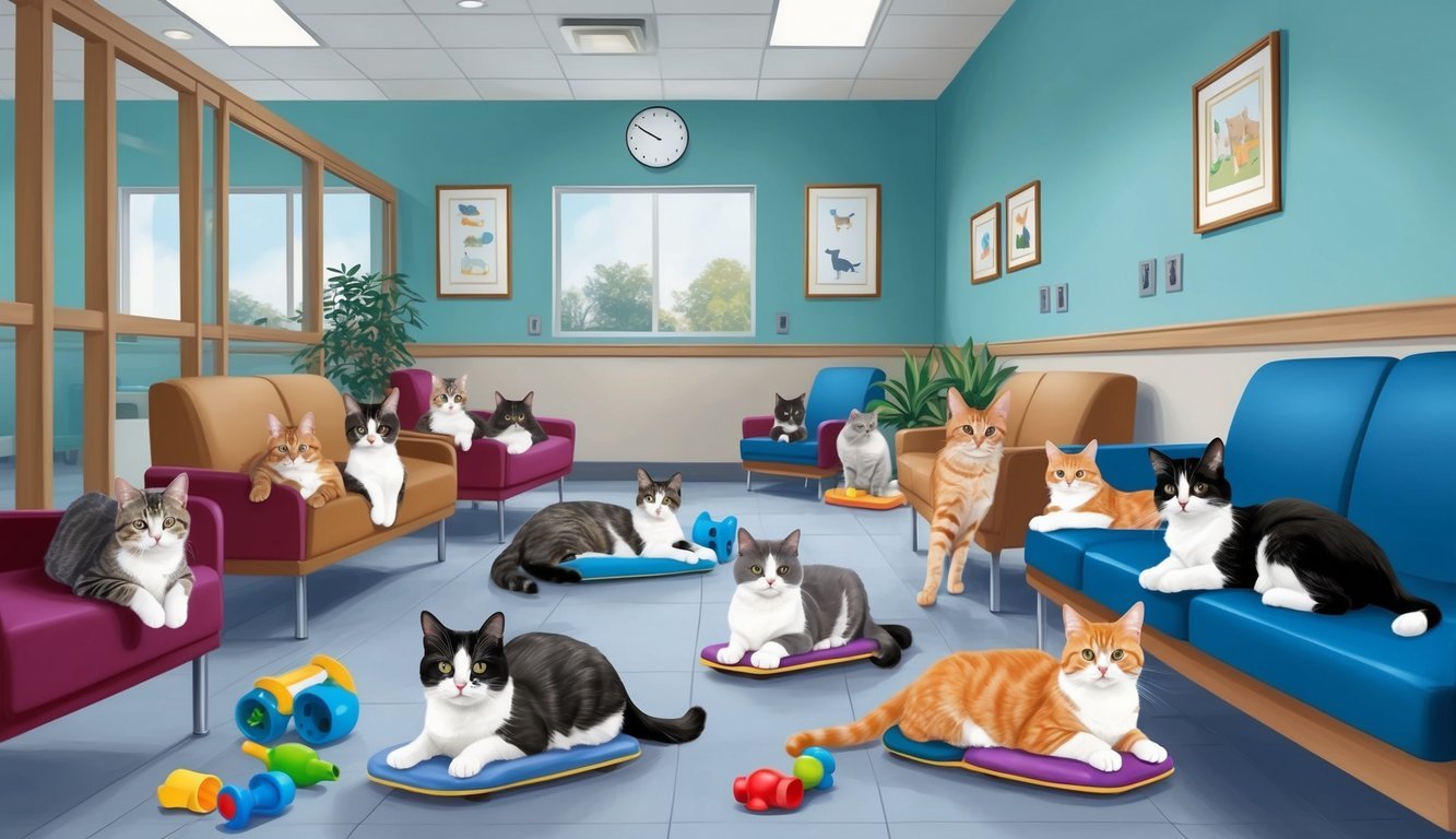 A veterinary hospital waiting room filled with cats of various breeds and colors, lounging on comfortable furniture and exploring colorful toys