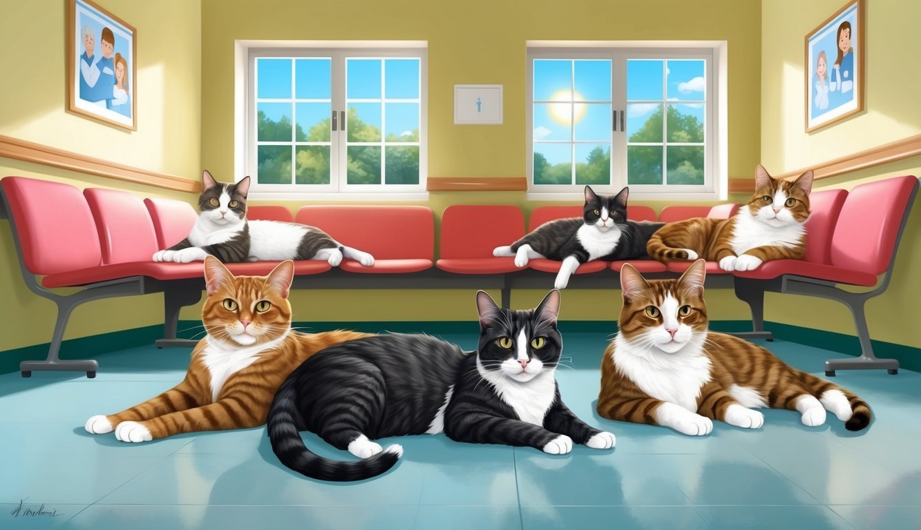 Cats lounging in a sunny hospital waiting room, each with a unique story