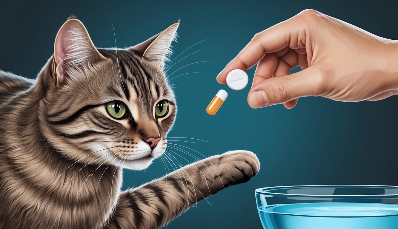 A cat receiving a pill from a hand, with a water bowl nearby