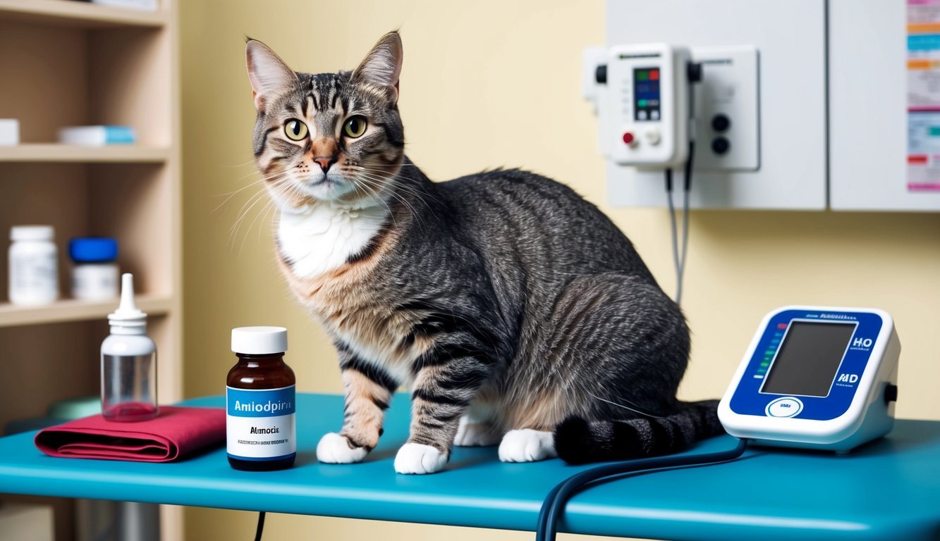 A cat sitting on a vet's examination table, with a bottle of amlodipine and a blood pressure monitor nearby