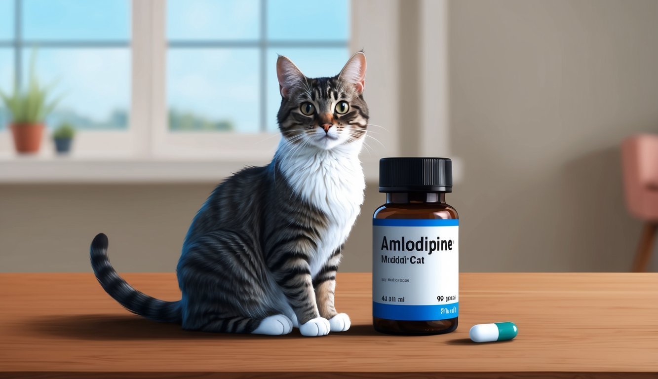 A cat sitting next to a bottle of amlodipine medication, with a pill or two nearby