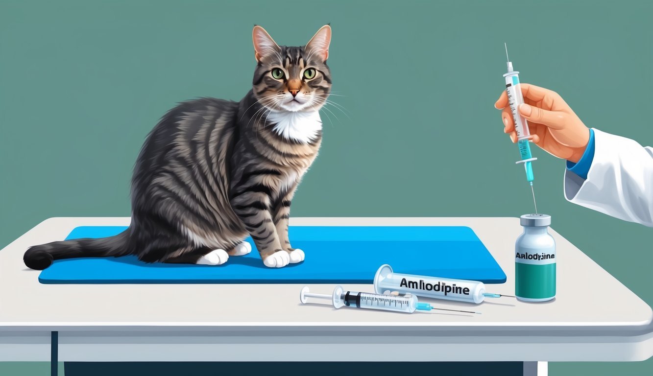 A cat sitting on a veterinarian's examination table, with a bottle of amlodipine and a syringe nearby.</p><p>The vet is observing the cat for any potential side effects