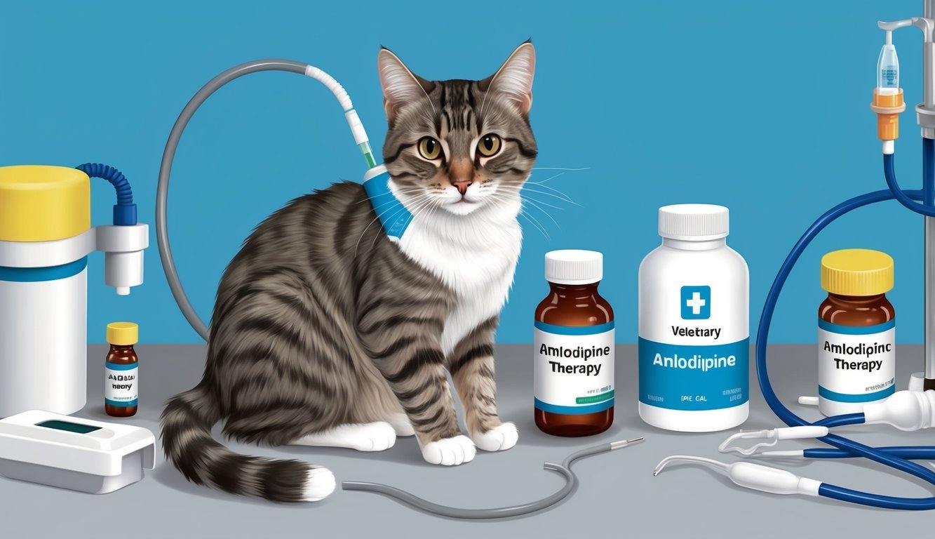 A cat receiving amlodipine therapy, surrounded by veterinary equipment and medication bottles