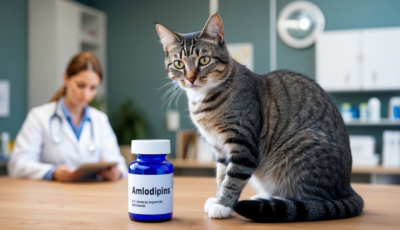 A cat sitting next to a bottle of amlodipine, with a veterinarian's office in the background