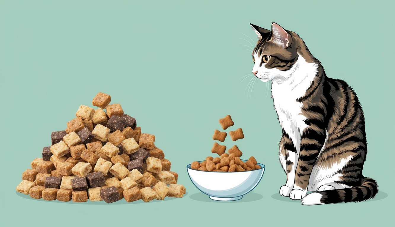 A cat sitting next to a pile of tempting commercial treats while looking at a bowl of healthier, homemade treats