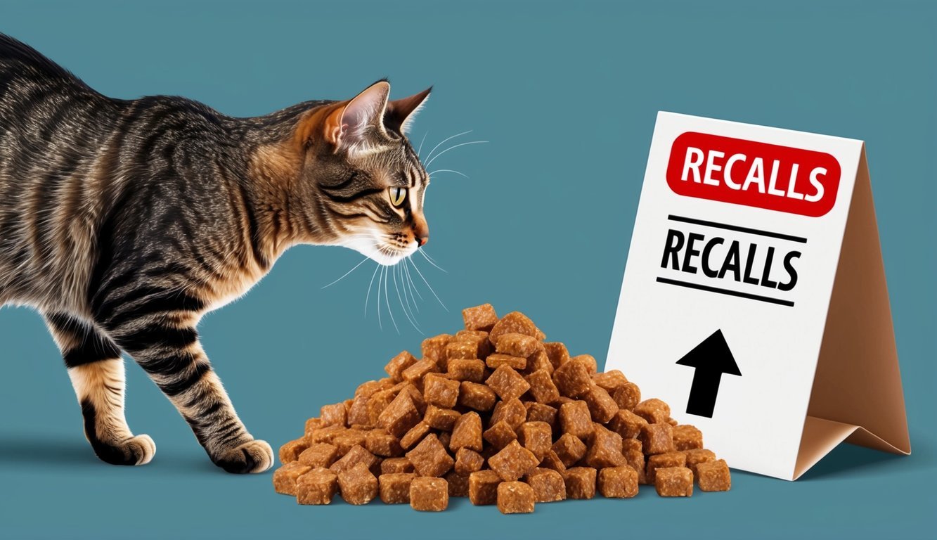 A cat turning away from a pile of tempting treats labeled "Recalls" with a red warning sign