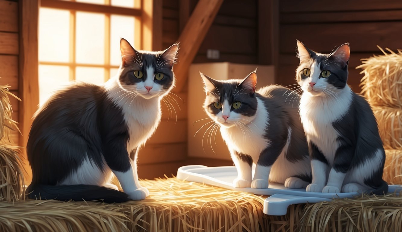 Barn cats receiving veterinary care in a cozy, rustic setting with hay bales and warm lighting