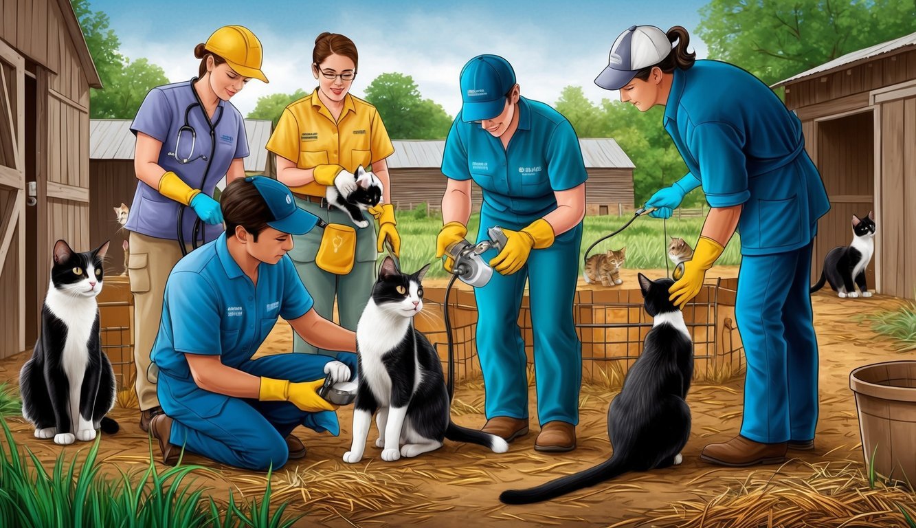 Several barn cats being captured and spayed/neutered by a team of veterinarians and volunteers in a rural setting