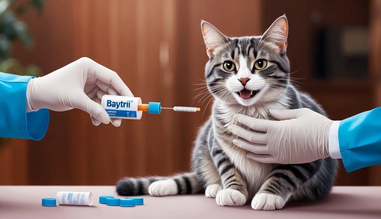 A cat happily takes a dose of Baytril from a veterinarian's hand