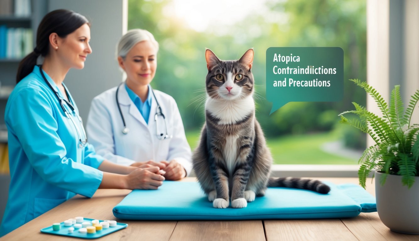 A cat sitting in a peaceful, serene environment, with a vet or caretaker nearby, indicating the importance of contraindications and precautions for Atopica medication