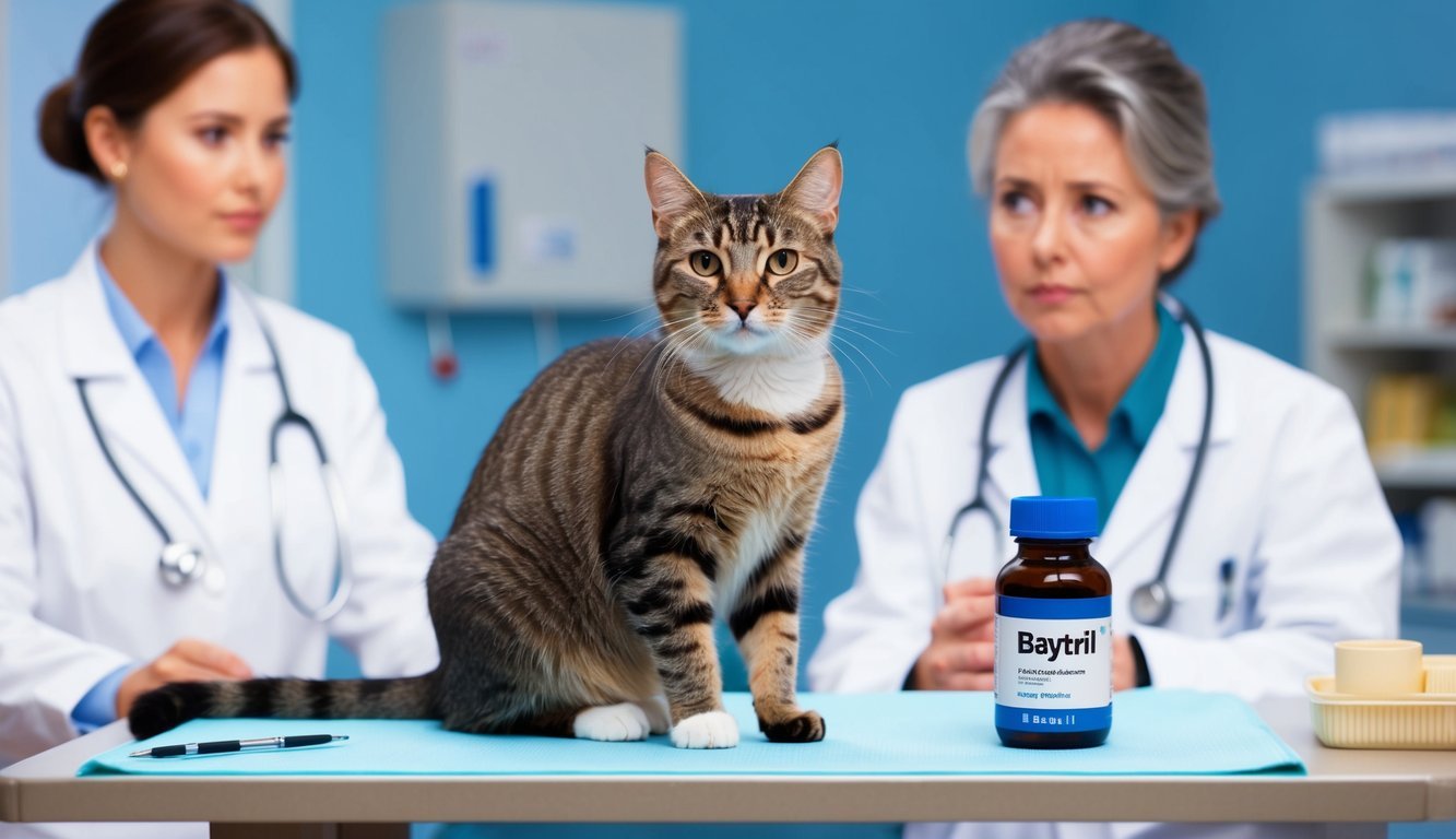 A cat sitting on a vet's exam table, with a bottle of Baytril and a concerned veterinarian in the background