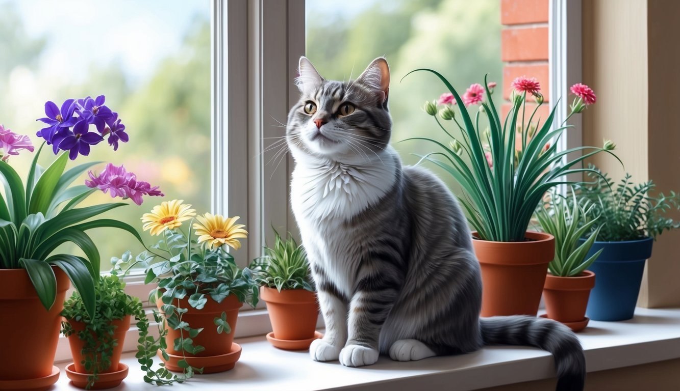 A cat sitting on a windowsill, surrounded by various plants and flowers, with a serene and content expression on its face