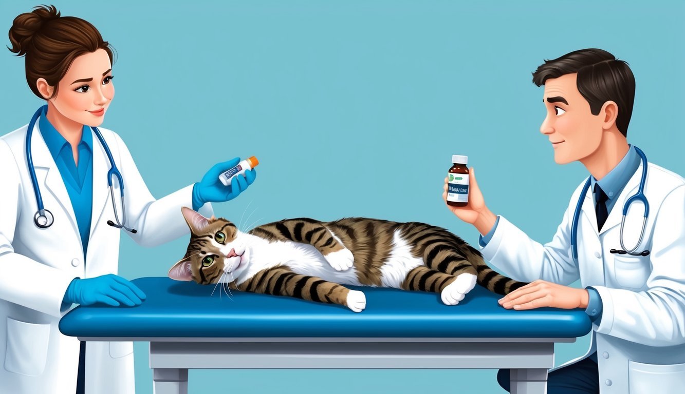 A cat lying on a veterinary examination table, with a veterinarian holding a bottle of Baytril and a concerned owner looking on