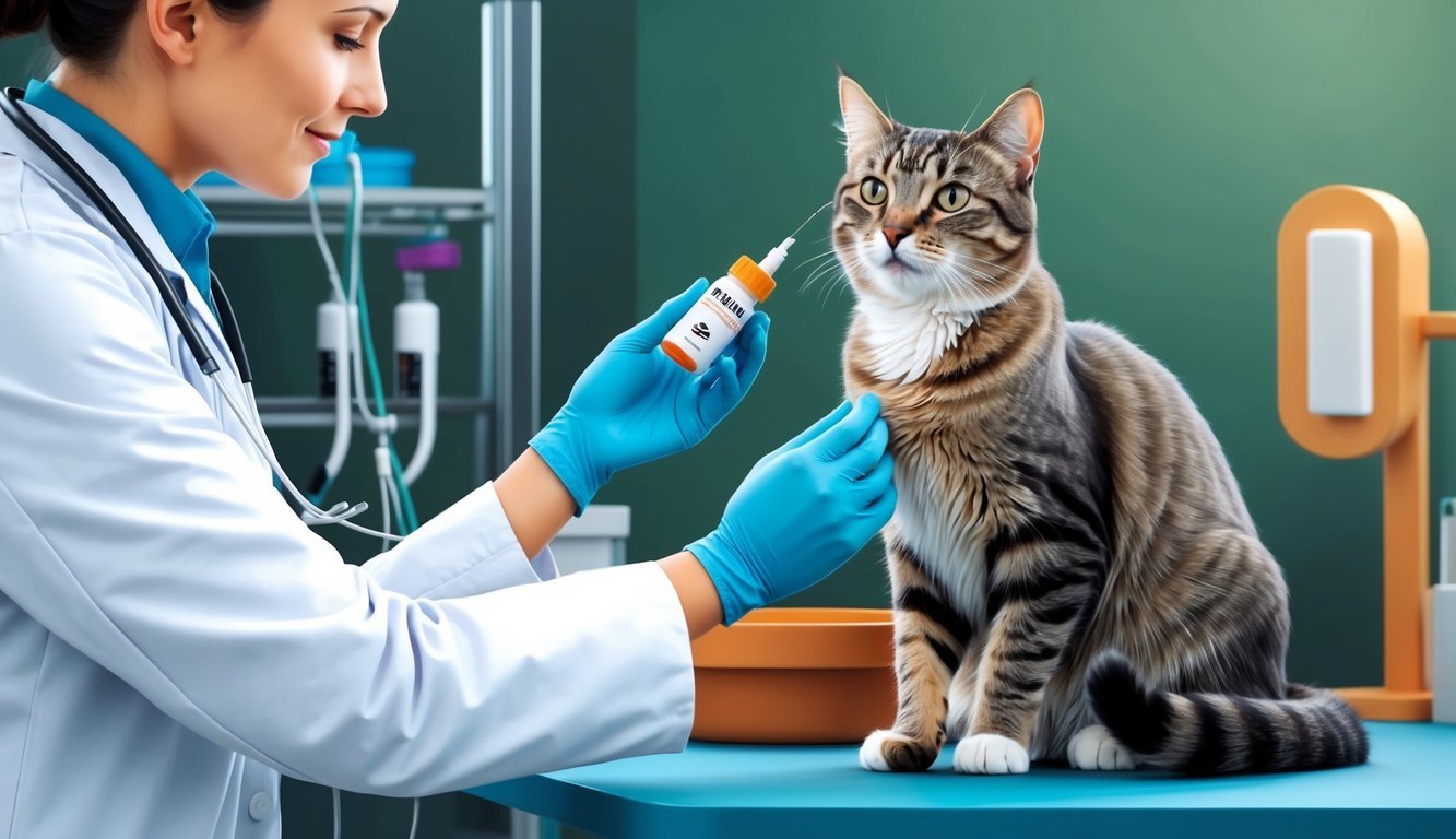 A cat receiving a dose of Baytril, with a veterinarian monitoring for any side effects