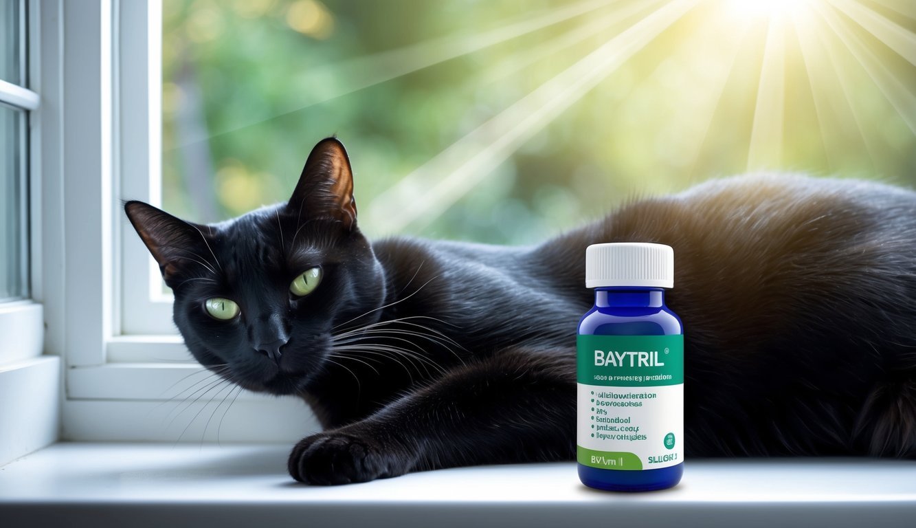 A sleek black cat lounges on a windowsill, sunlight streaming in, while a small bottle of Baytril sits nearby, with a label showing its efficacy against specific pathogens