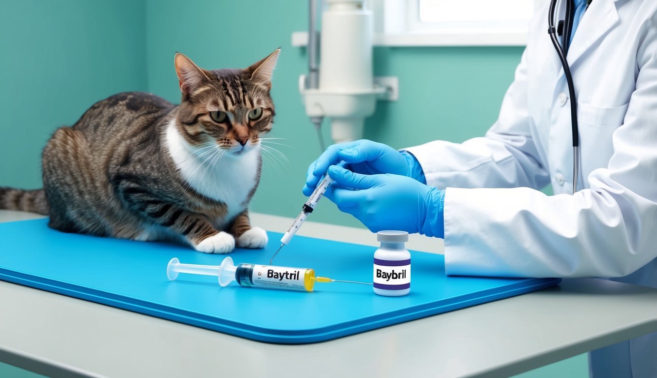 A cat receiving a dose of Baytril from a veterinarian, with the medicine bottle and syringe visible on a clean, well-lit examination table