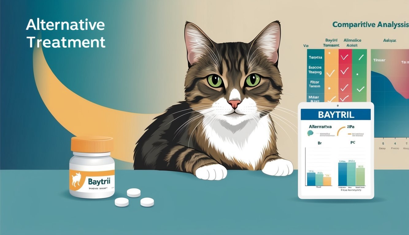 A cat receiving alternative treatments, with baytril medication and a comparative analysis chart in the background