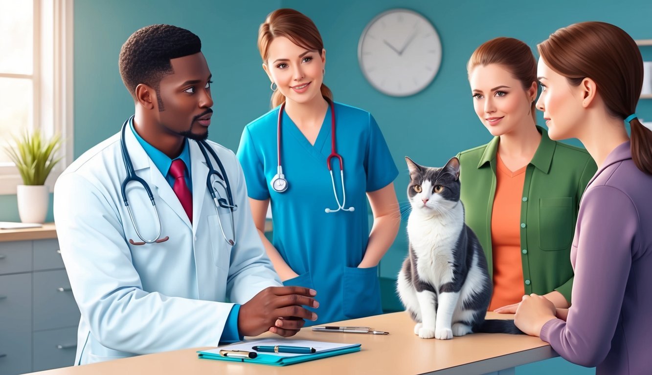 A veterinarian discussing treatment options for bladder cancer in a cat with concerned pet owners in a clinic setting